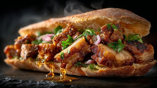 Crispy chicharron sandwich with juicy pork belly, melted sauce, and toasted artisan bread in savory gourmet close up