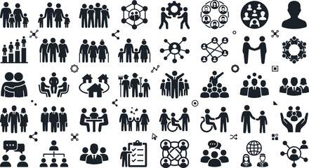 Obraz premium Teamwork and Corporate Community Silhouette Icon Set for Business Collaboration, Family Support, Social Networks, and Diverse Group Organization Concepts