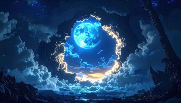 Serene night scene featuring a luminous blue moon framed by cloud-filled rock formations