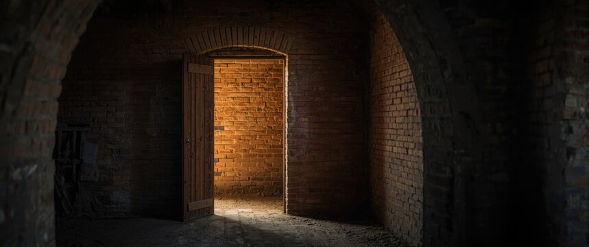 View through rustic wooden doors to glowing brick wall in old factory tunnel interior
