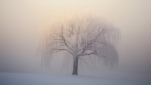 Wintertime snow covered tree image with weeping willow form under calming diffuse lighting