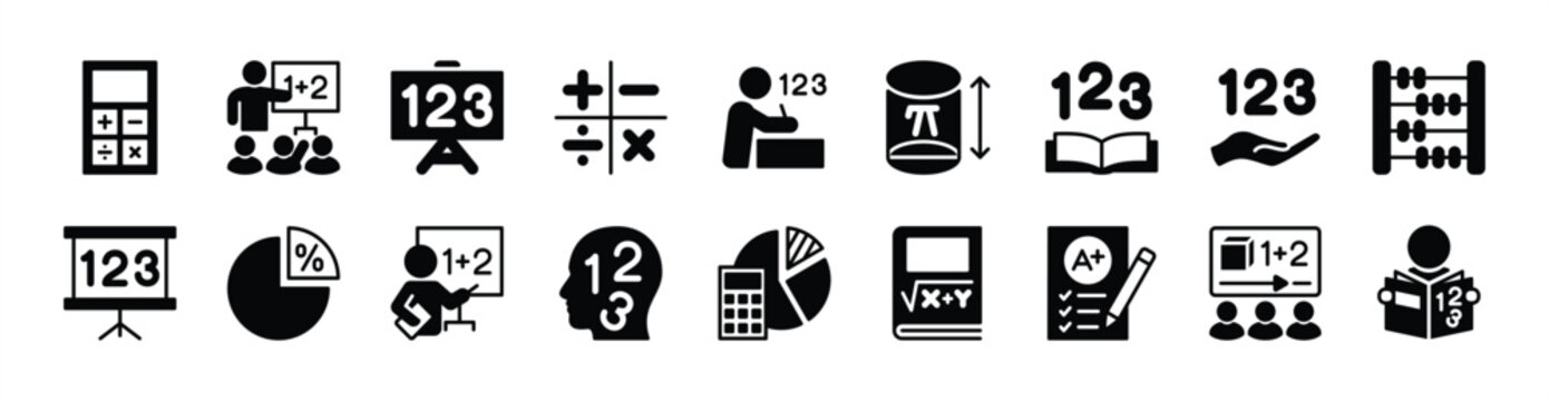 Mathematics icon vector set. Contains math symbol, calculating machine, studying, accounting, school, lessons, learning, education, calculator, formula, geometry, book, grades - illustration