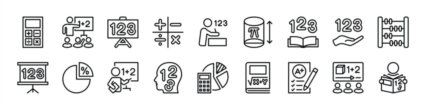 Mathematics icon set. Contains math symbol, calculating machine, school, lessons, learning, education, studying, accounting, calculator, formula, geometry, book, grades - vector illustration