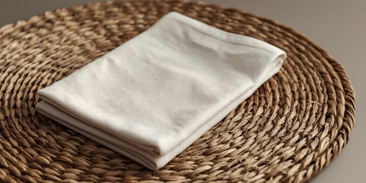 Mockup of a folded blank tea towel placed on a woven wicker table mat