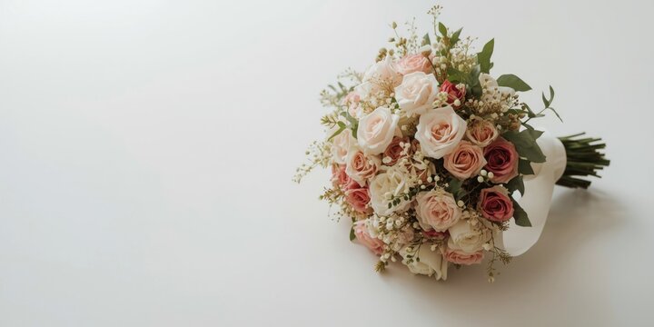 wedding bouquet placed on a clean white surface with copy space