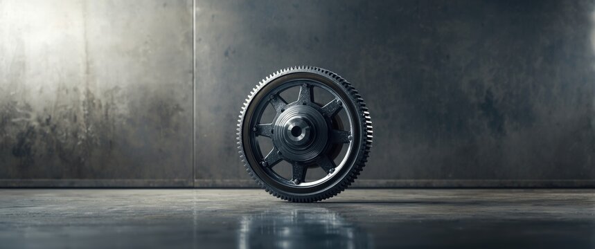 Industrial engine section featuring mounted steel flywheel and abstract metallic backdrop