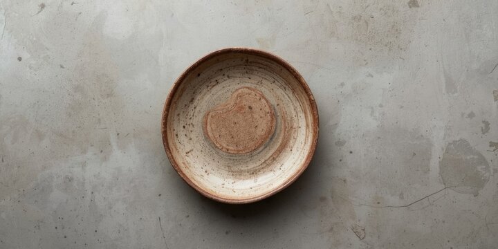 Overhead shot of a handmade ceramic plate featuring a bumpy texture placed on a smooth concrete table