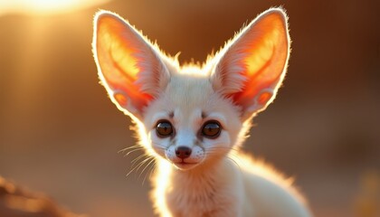 Obraz premium Small fennec fox with large ears looks at camera. Cute desert animal fur glows in warm sunset light. Fennec pup explores sandy terrain at dusk.