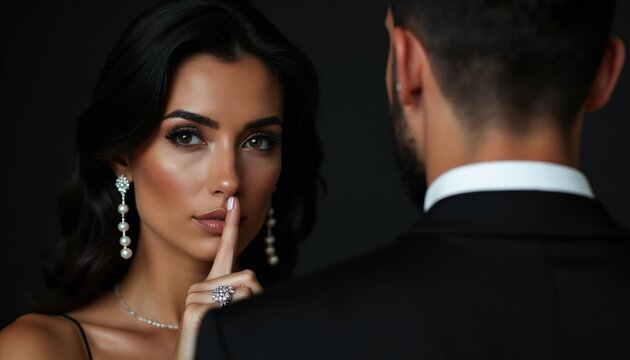 Elegant woman with pearl earrings gestures for silence near man in suit. Couple shares secret moment, conveying mystery and intimacy in dark setting.