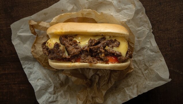 Overhead view of a stacked cheese steak sandwich on parchment paper