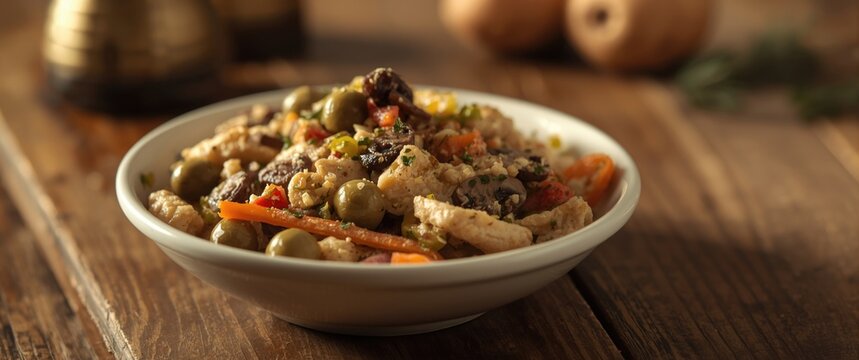 Homemade Chicken Salad Tossed with Mushrooms Olives and Crunchy Veggies