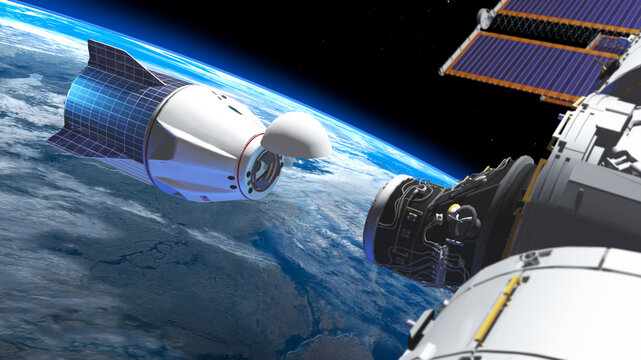 rendering of a 3d illustration of an american capsule docking with the iss