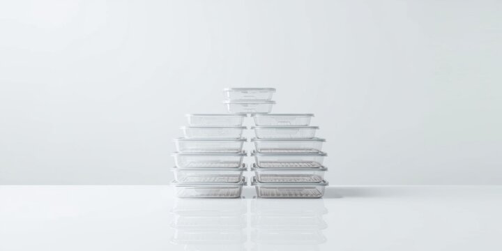 Pile of spotless plastic food boxes shown on minimal white background