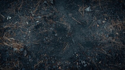 Fototapeta premium Scorched grass ashes scattered backdrop with copy space