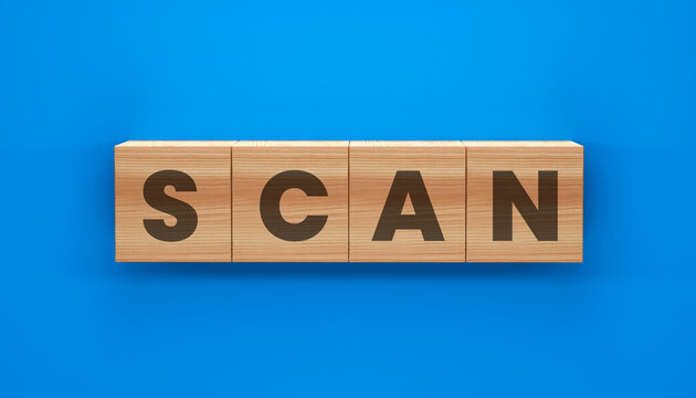Scan Wooden Blocks: A close-up shot showcases four wooden blocks arranged horizontally, each displaying a single letter forming the word SCAN, set against a vibrant blue background.