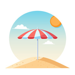Fototapeta premium Summer beach umbrella on sand dune with sun and clouds