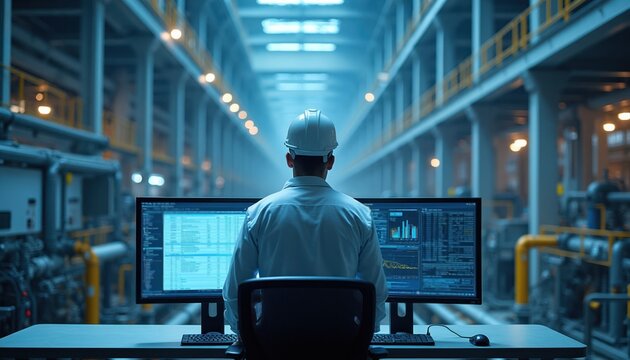 Engineer in hard hat monitors computer screens showing data charts, tables within modern factory. Control room operator works with digital information, analyzes production metrics, oversees