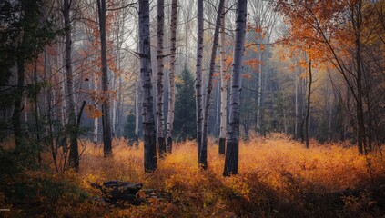 Fototapeta premium Picturesque fall landscape of a black and white birch tree group