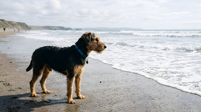 Airedale terrier dog standing on a sandy beach by the sea