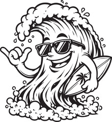Fototapeta premium Cool ocean wave surfer character wearing sunglasses and holding surf board vector illustration