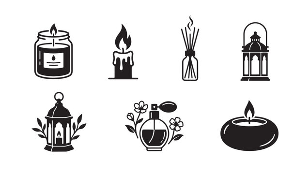 Collection of home fragrance and spa atmosphere icons including scented candles lanterns and essential oil diffusers fragrance diffuser wellness relaxation atmosphere decoration candlelight
