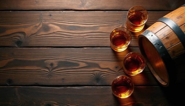Glasses with amber liquid sit near wooden barrel on textured tabletop. Beverage is ready for tasting. Dark background with copy space provides room for text.