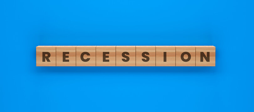 Recession Word Blocks: Wooden alphabet blocks spell out the word Recession against a vibrant blue background, symbolizing economic downturn.