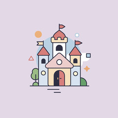 Fototapeta premium A colorful illustration of a cartoon castle with flags and decorative elements