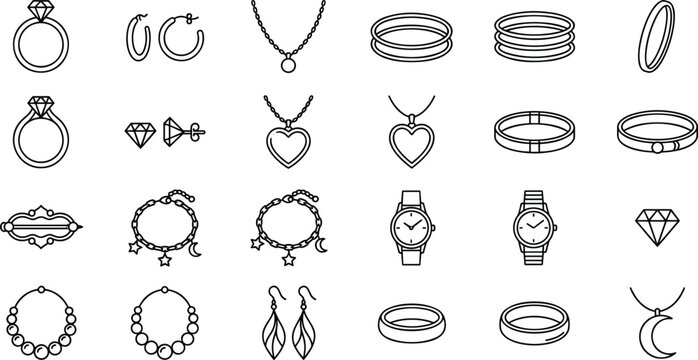 Luxury jewelry and accessories line art icons set featuring diamond rings earrings necklaces watches bracelets and fashion ornaments.