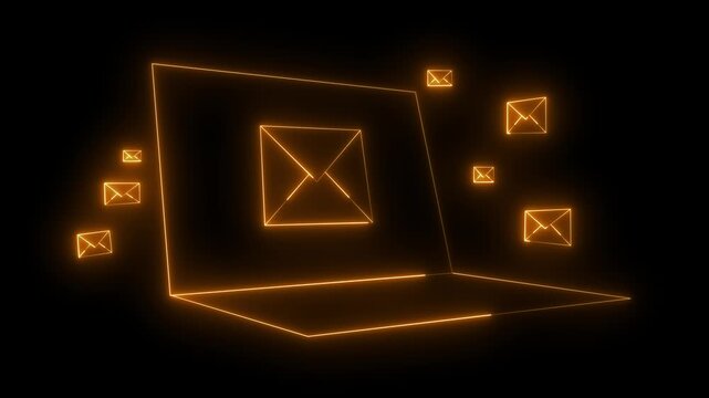 neon message icon animation with black background. Glowing email icon on a laptop screen. Message mail box.4k motion video animation.