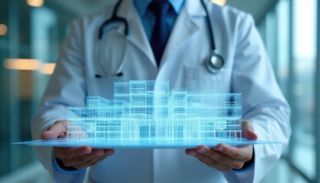 Doctor holds holographic building model. Futuristic hospital architecture design, medical facility planning. Innovation in healthcare construction, future tech innovation.
