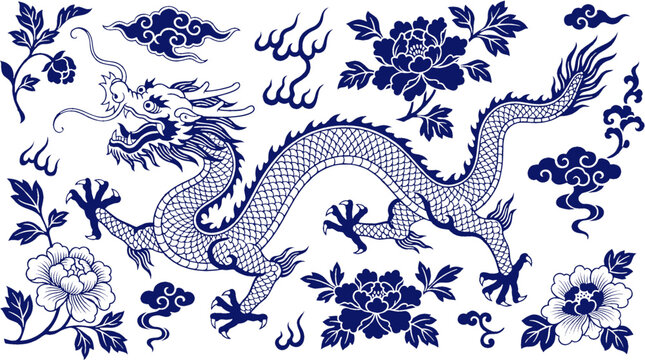 Blue and White Chinese Dragon Porcelain Pattern Style