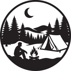 Silhouette of a person sitting by a campfire next to a tent in a forest under a crescent moon © GraphicGrove