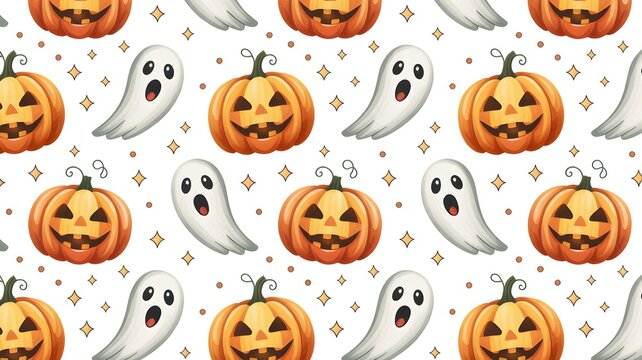 Seamless pattern with cute cartoon pumpkins and little ghosts for halloween celebration