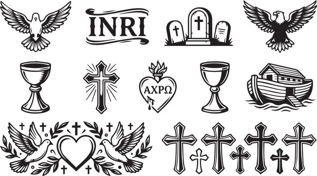 Christian Religious Symbols Silhouette Bundle Featuring Crosses Dove Chalice Noahs Ark Sacred Heart and Faith Icons