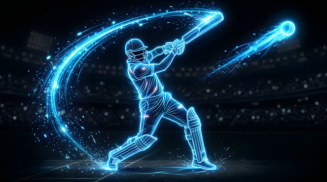 Neon glowing wireframe cricket batsman hitting a shot