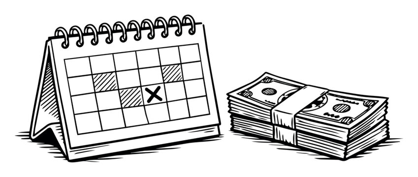 Desk calendar with a marked X date and stacked bundles of cash, representing upcoming payment due dates and financial obligations