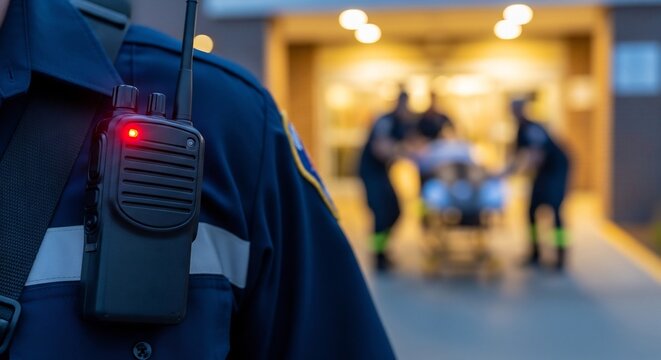 Emergency Worker with Radio Standing Outside Hospital Entrance at Night