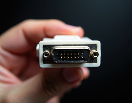Hand holds DVI connector for computer monitor setup. Digital video port connects display device. Technology interface for screens, projectors and computers.