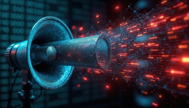 Digital megaphone emits warning signals against cyber threats. Data streams with red alerts show virus malware danger. Network connections form abstract digital background.