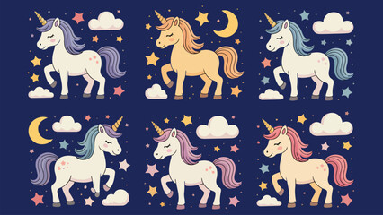 Adorable unicorn and pegasus collection in simple children style with dreamy night sky vector illustration © Animesh