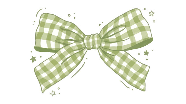Charming sage green gingham checkered ribbon tied into a delicate bow whimsical watercolor illustration isolated on white background for decorative craft and gift wrapping design elements.