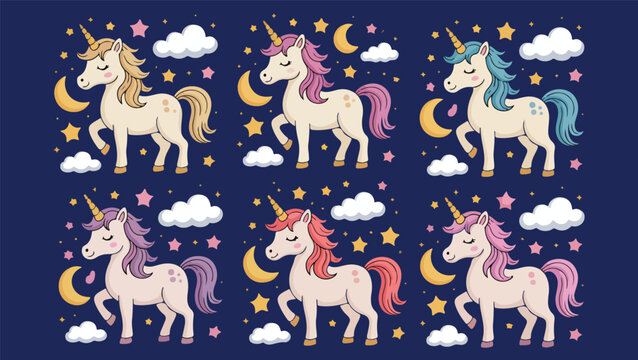 Whimsical unicorns and pegasi with stars and clouds flat vector set for nursery and children design