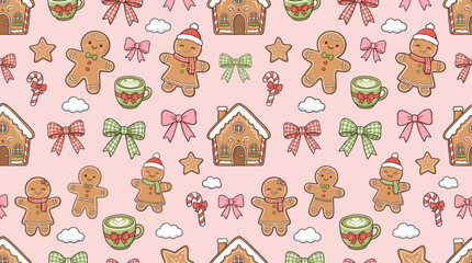 Obraz premium Adorable seamless Christmas pattern featuring festive kawaii gingerbread cookies and holiday elements on a sweet pink backdrop, perfect for seasonal textile and gift wrap graphic design.