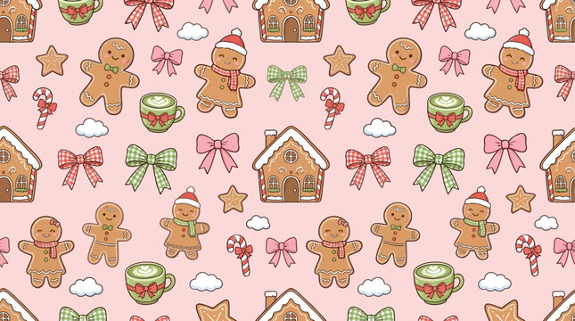 Adorable seamless Christmas pattern featuring festive kawaii gingerbread cookies and holiday elements on a sweet pink backdrop, perfect for seasonal textile and gift wrap graphic design.