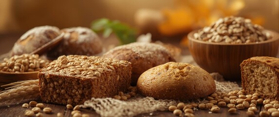 Fototapeta premium Nutritious morning meal featuring fresh whole wheat cereals and organic baked goods backdrop
