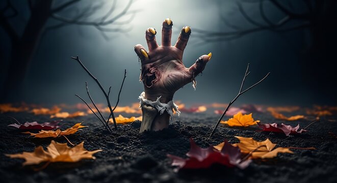 Zombie hand emerging from grave spooky halloween horror concept