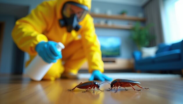 Pest control worker in yellow suit sprays insecticide on cockroaches. Pro exterminator cleans apartment. Insecticide use for bug removal from house.