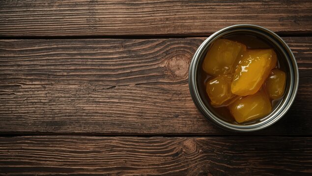 Wooden background showcasing uncovered metal container filled with cod liver and oil