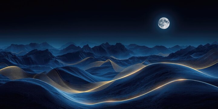 Luxury blue and gold mountain backdrop featuring wavy gold lines and moon for wall art and banners